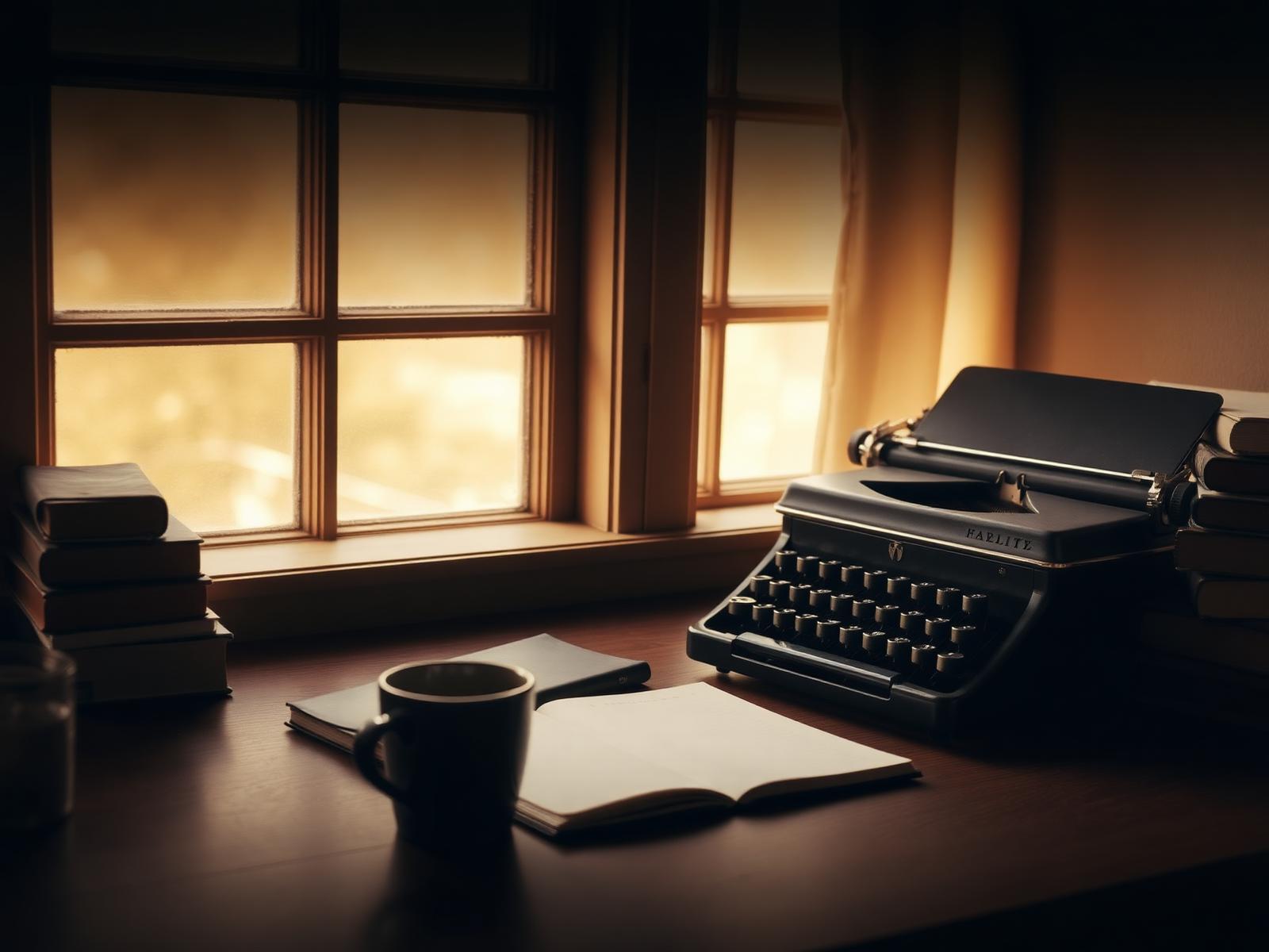 A writer's desk with a vintage typewriter, notebook, and morning light